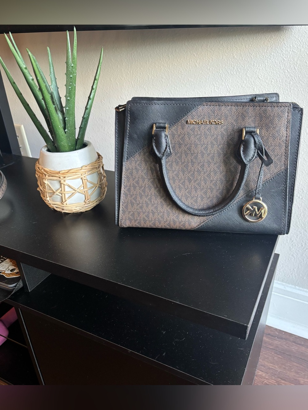 Michael Kors Brown and Black Logo-Print Satchel with Gold Hardware